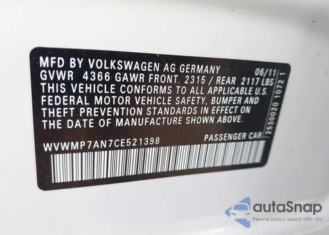 2012 Volkswagen Cc Sport from USA, damaged, VIN WVWMP7AN7CE521398
